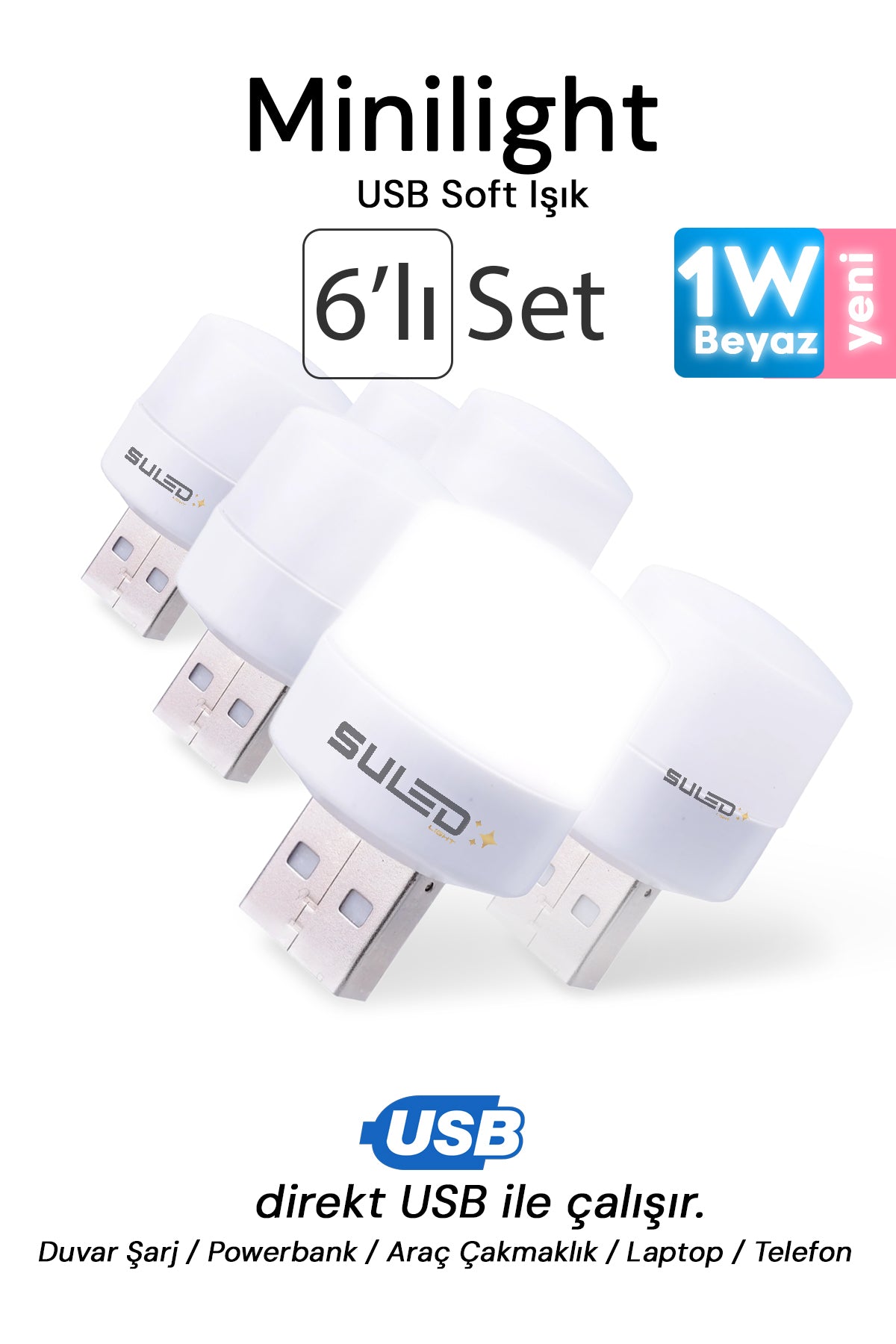 Minilight 6 Adet USB Soft Işık 1W Beyaz Renk Taşınabilir 6'lı Led Işık