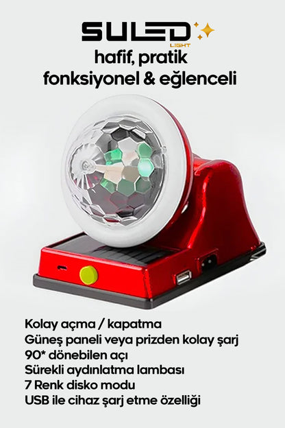 Disko Işıkları İç ve Dış Mekan Taşınabilir USB - Solar Panelli 220V Eğlence Işıkları