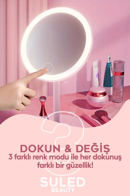 Makyaj Aynası 3 Modlu Led Işıklı USB Şarjlı Yuvarlak Taşınabilir Açı Ayarlı Güzellik Aynası