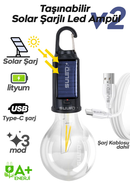 Solar Şarjlı Taşınabilir Led Ampül V2 Outdoor Kamp Bahçe Lambası 10W Askılı Kırılmaz Led Işık