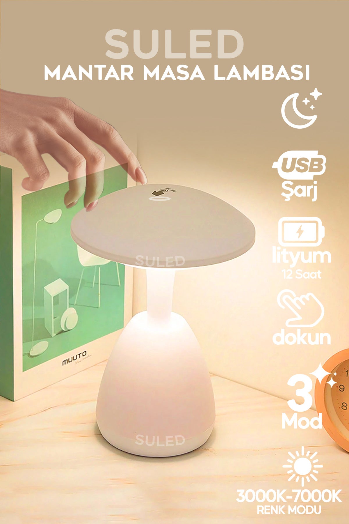 Mantar Masa Lambası Beyaz Usb Şarjlı Dokunmatik 3 Modlu Ambiyans Gece Lambası