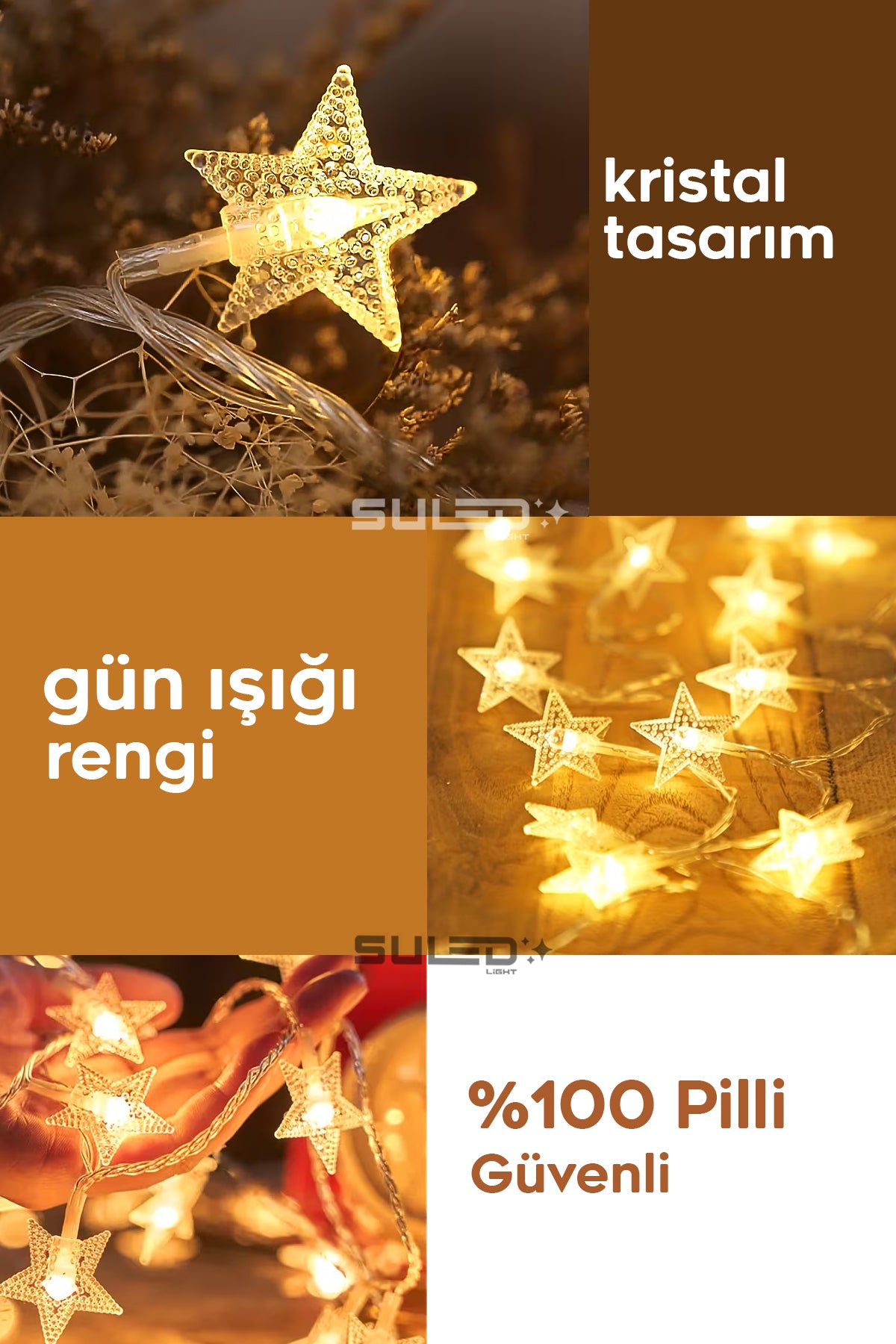2 Metre Pilli 10 Yıldız Kristal Led Işık Dekor Süsleme Işığı İç ve Dış Mekan Dekorasyon Parti Süsü