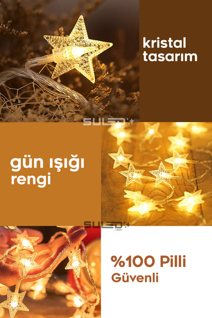 2 Metre Pilli 10 Yıldız Kristal Led Işık Dekor Süsleme Işığı İç ve Dış Mekan Dekorasyon Parti Süsü