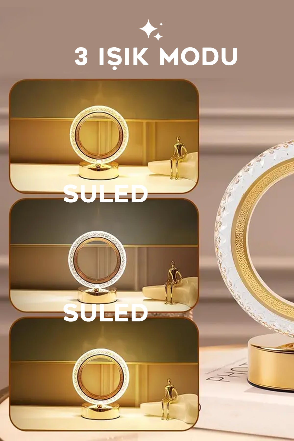 Crystall Akustik Masa Lambası 3 Modlu USB Şarjlı Oval Dekoratif Şık Masa Lambası Kristal Efekt