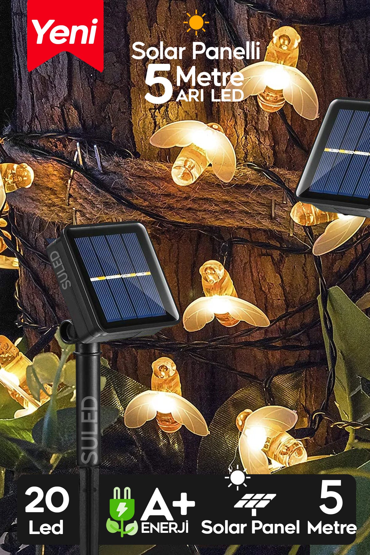 Arı Figürlü 5 Metre Solar Enerjili Bahçe Aydınlatması Led Işık Gün Işığı Dekoratif İç & Dış Mekan