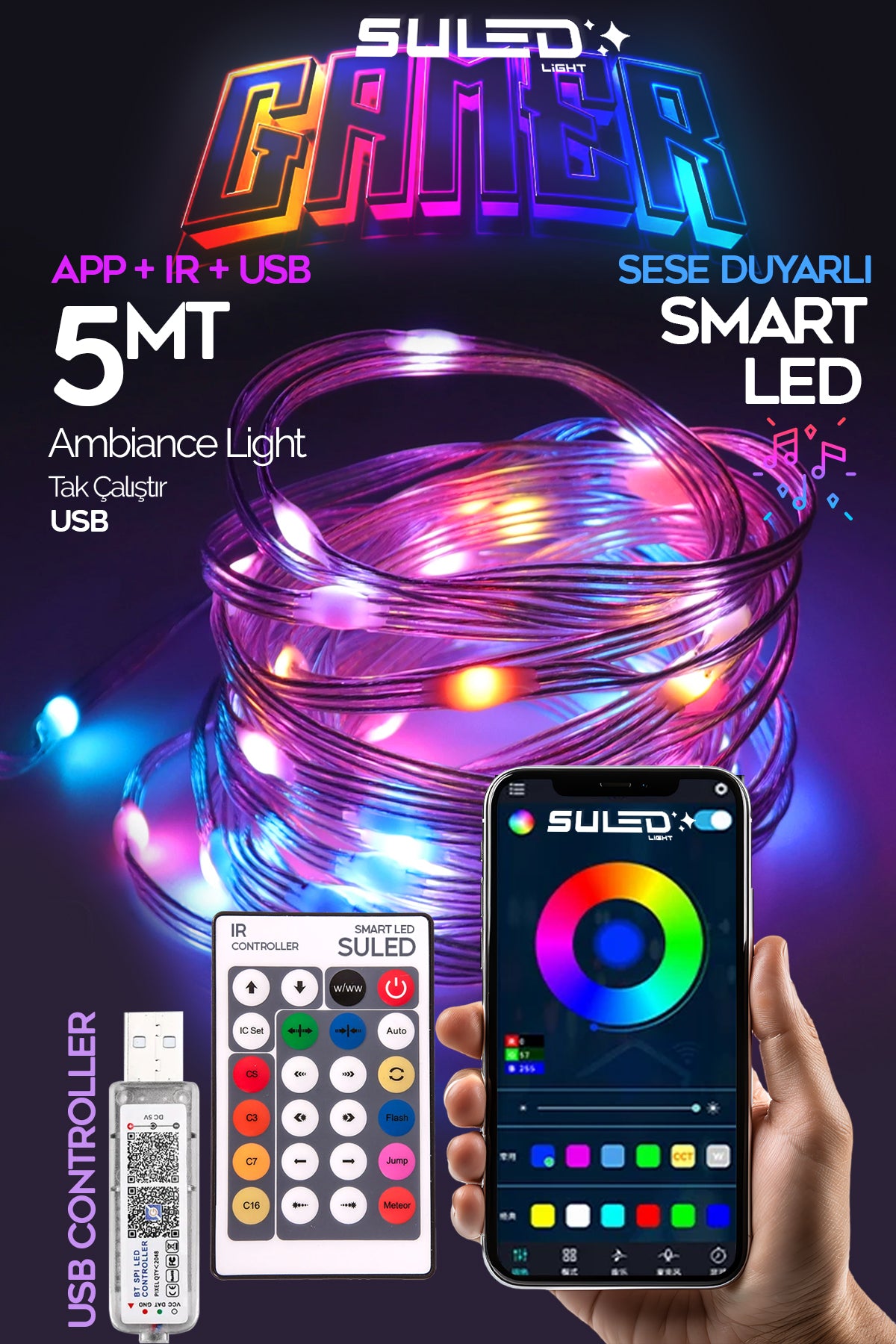 Gamer Led Aydınlatma 5 Metre RGB LED Bluetooth Uygulama ve Kumanda Kontrollü USB Sese Duyarlı
