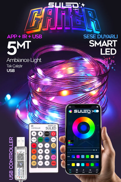 Gamer Led Aydınlatma 5 Metre RGB LED Bluetooth Uygulama ve Kumanda Kontrollü USB Sese Duyarlı