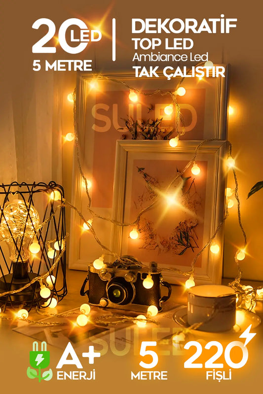 Top Led Sarı Dekor Led Yılbaşı Led Işıkları 5 Mt Eklemeli Fişli Top Dize Işıklar Dekorasyon Işık