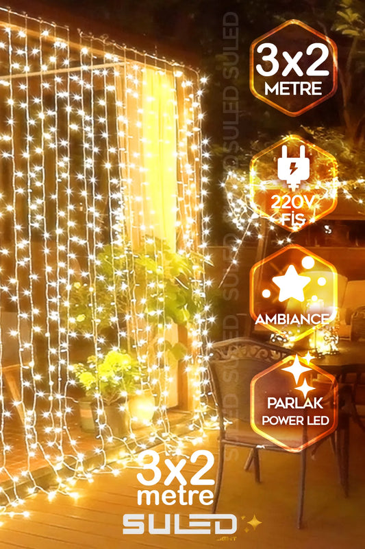 Perde Led Işık 3x2 Metre 220v Fişli Iç Ve Dış Mekan Ortam Ambiyans Süs Ve Dekor Led Işık